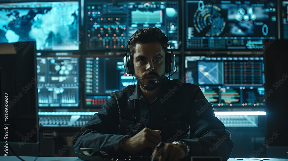 Technical Support Specialist making an intercom announcement on a microphone and making a desktop computer announcement in a control room with a big digital screen and server data displayed. Technical Support Specialist making an intercom announcement on a microphone and making a desktop computer announcement in a control room with a big digital screen and server data displayed.