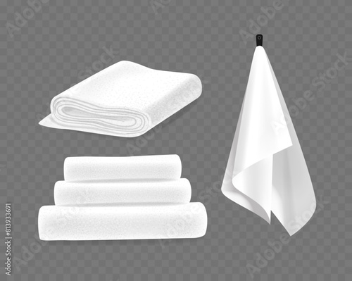 Set Of Realistic 3d Terry Towels, Featuring Rolled And Folded Towels Aligned Neatly. White Color Emphasizes Cleanliness