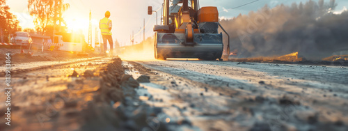 Damaged road tarmac laying works at a road construction site, asphalt gravel leveled by workers, inspection and road surface repair, road construction workers' teamwork
