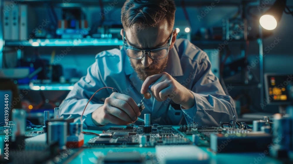 In a modern electronics research and development facility, a Caucasian male engineer solders computer motherboards. Scientists design industrial PCBs, silicon microchips, and semiconductors. In a modern electronics research and development facility, a Caucasian male engineer solders computer motherboards. Scientists design industrial PCBs, silicon microchips, and semiconductors.