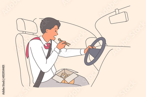 Rushing man driver eats noodles and drives car at same time, due to strict deadlines at work