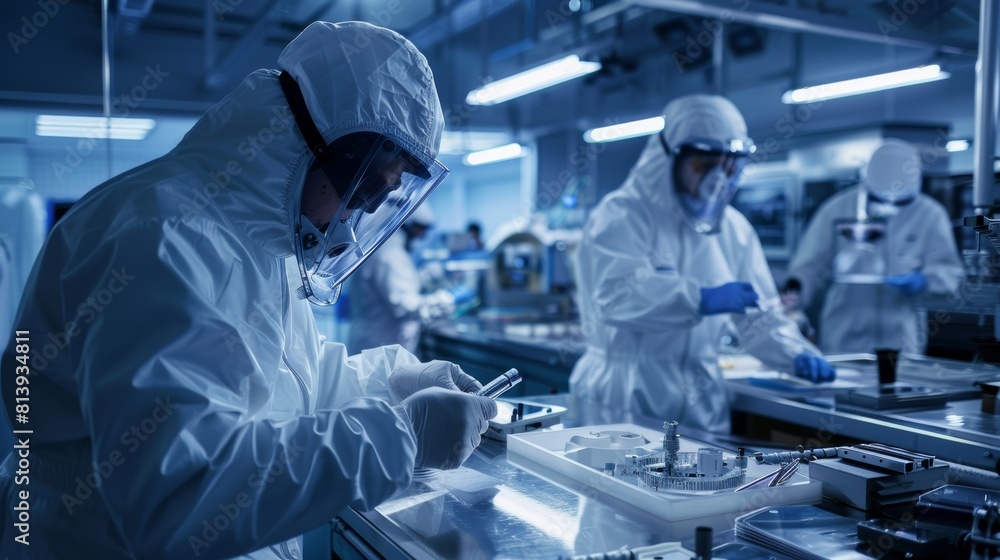 The scientists of the Aerospace Agency assemble spacecraft in an aerospace manufacturing facility under the supervision of the Chief Engineer. Astronauts wearing protective suits work on the The scientists of the Aerospace Agency assemble spacecraft in an aerospace manufacturing facility under the supervision of the Chief Engineer. Astronauts wearing protective suits work on the
