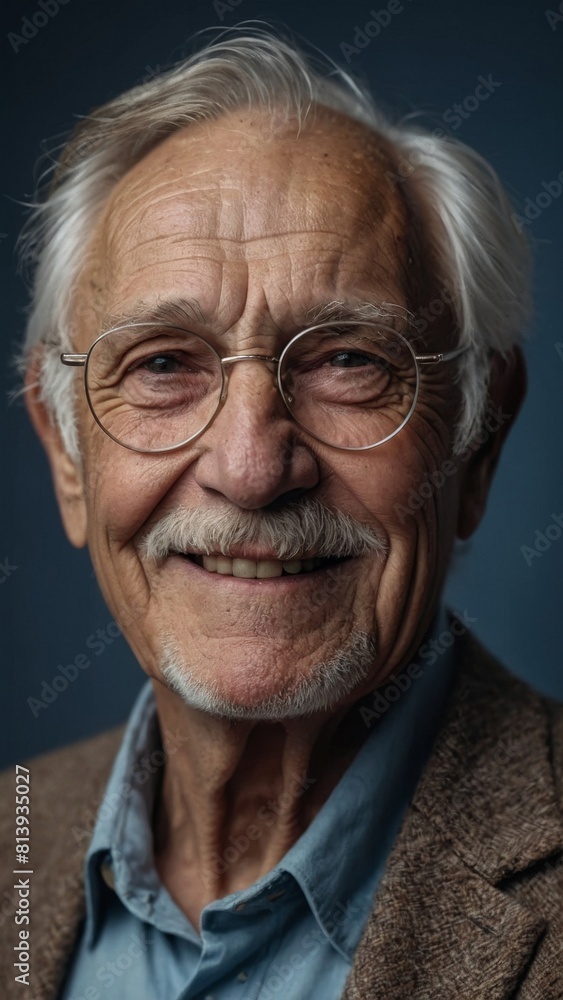 The gray-haired elderly man smiles happily. Indigo background. The gray-haired elderly man smiles happily. Indigo background.