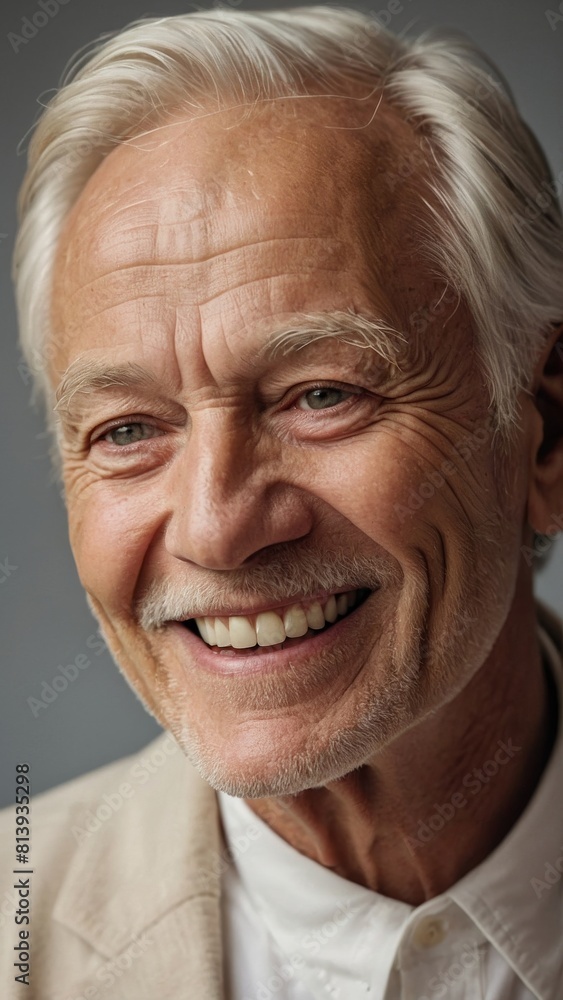 The gray-haired elderly man smiles happily. The gray-haired elderly man smiles happily.