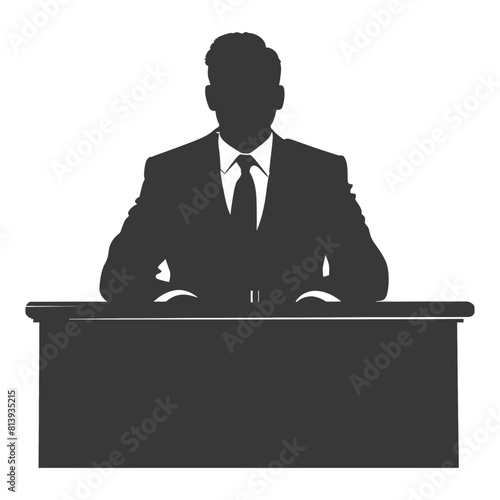 Silhouette news anchor man in action sit in front desk black color only