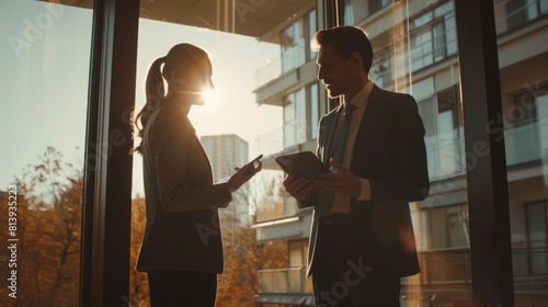 From the outside: A businesswoman and a businessman in suits work on a tablet computer in their office, while the manager stands by the window. Partners discuss business and financial issues. photo