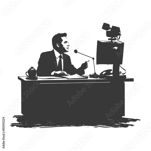 Silhouette news anchor man in action sit in front desk black color only