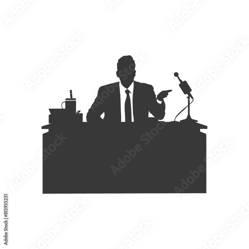 Silhouette news anchor man in action sit in front desk black color only