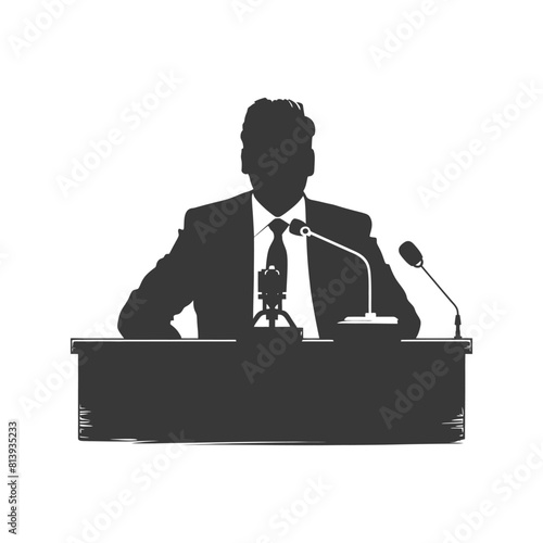 Silhouette news anchor man in action sit in front desk black color only