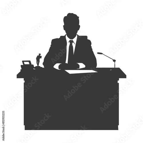 Silhouette news anchor man in action sit in front desk black color only