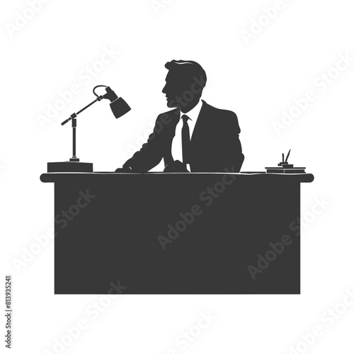 Silhouette news anchor man in action sit in front desk black color only