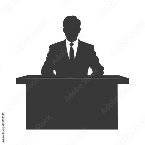Silhouette news anchor man in action sit in front desk black color only