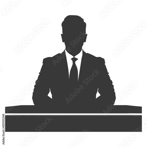 Silhouette news anchor man in action sit in front desk black color only