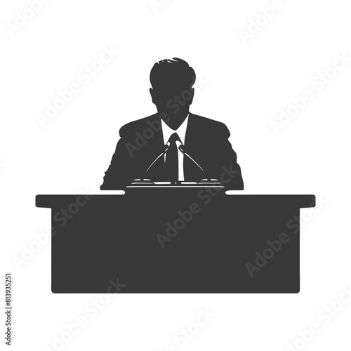 Silhouette news anchor man in action sit in front desk black color only