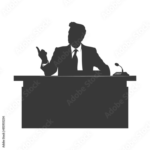 Silhouette news anchor man in action sit in front desk black color only