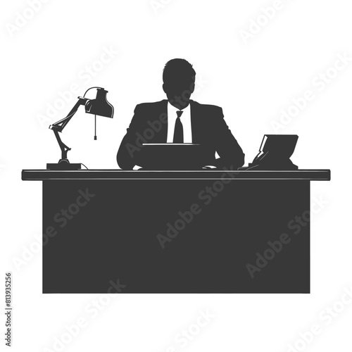 Silhouette news anchor man in action sit in front desk black color only