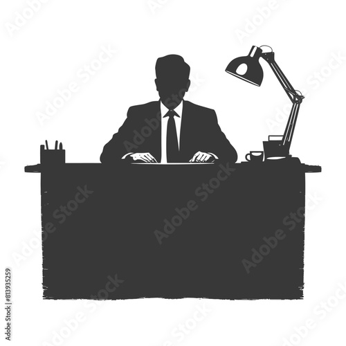 Silhouette news anchor man in action sit in front desk black color only