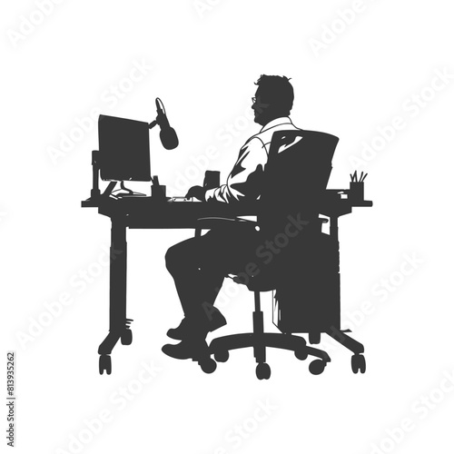 Silhouette news anchor man in action sit in front desk black color only