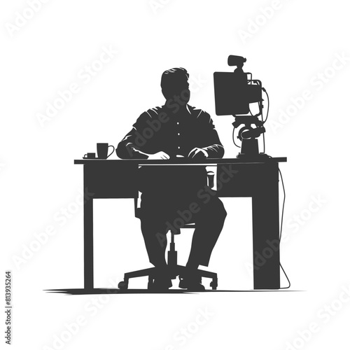 Silhouette news anchor man in action sit in front desk black color only