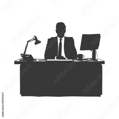 Silhouette news anchor man in action sit in front desk black color only