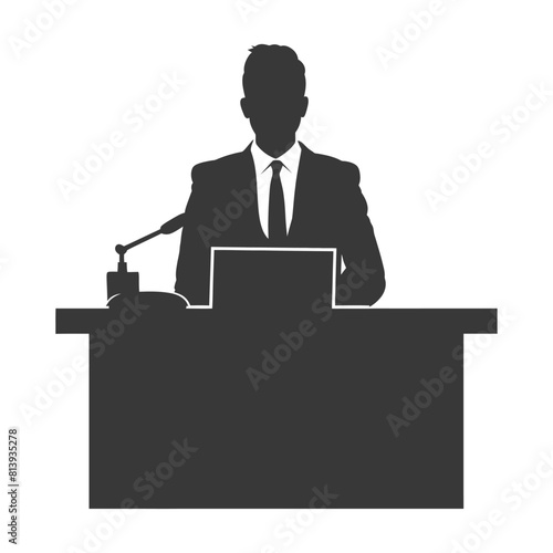 Silhouette news anchor man in action sit in front desk black color only
