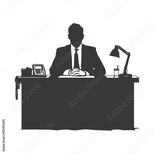 Silhouette news anchor man in action sit in front desk black color only