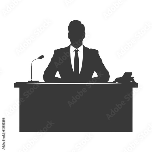 Silhouette news anchor man in action sit in front desk black color only