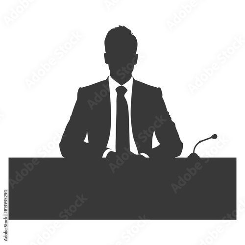 Silhouette news anchor man in action sit in front desk black color only
