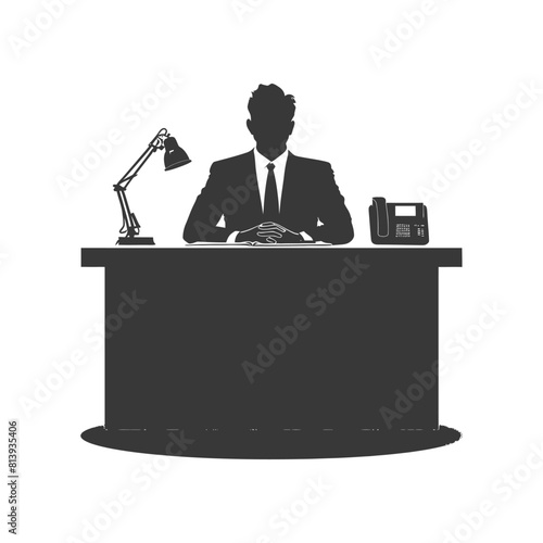 Silhouette news anchor man in action sit in front desk black color only