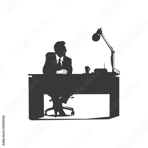 Silhouette news anchor man in action sit in front desk black color only