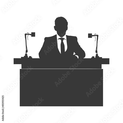 Silhouette news anchor man in action sit in front desk black color only