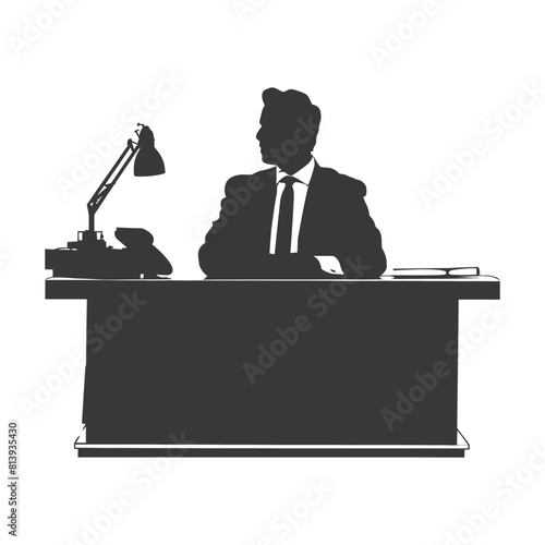 Silhouette news anchor man in action sit in front desk black color only