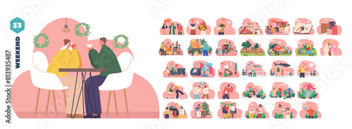 Weekend Activities And Social Interactions Isolated Vector Elements. Different Cartoon People Characters In Activities