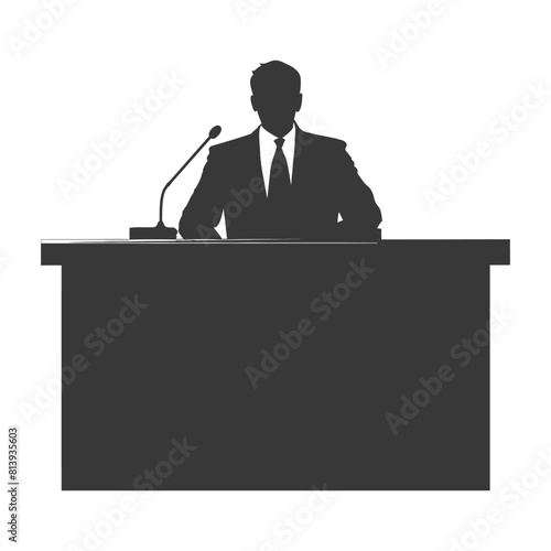 Silhouette news anchor man in action sit in front desk black color only