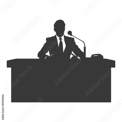 Silhouette news anchor man in action sit in front desk black color only