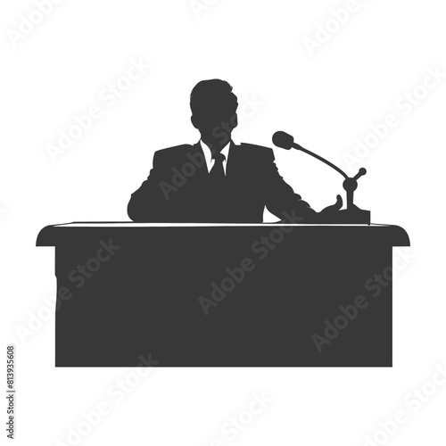 Silhouette news anchor man in action sit in front desk black color only