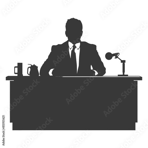 Silhouette news anchor man in action sit in front desk black color only