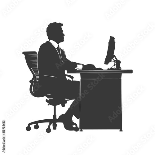 Silhouette news anchor man in action sit in front desk black color only