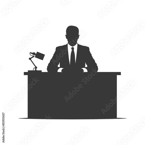 Silhouette news anchor man in action sit in front desk black color only