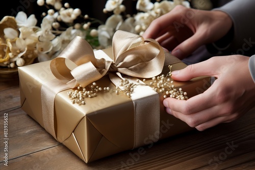 Close-up of the process of carefully wrapping a gift. Decorated with a beautiful bow.