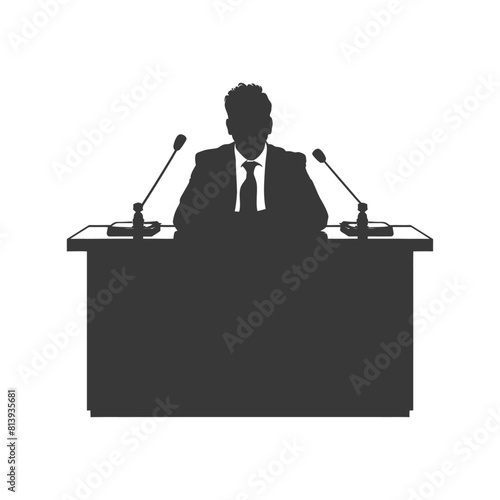 Silhouette news anchor man in action sit in front desk black color only