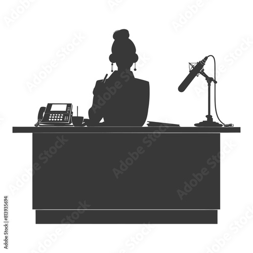 Silhouette news anchor women in action sit in front desk black color only