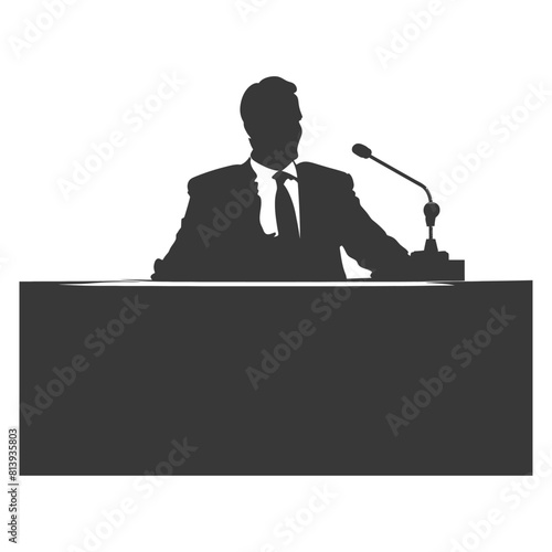 Silhouette news anchor man in action sit in front desk black color only