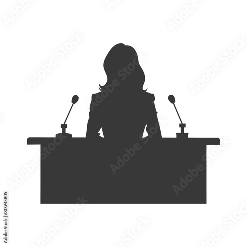Silhouette news anchor women in action sit in front desk black color only