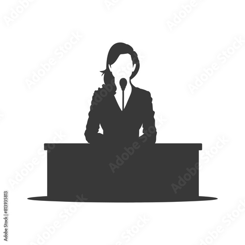 Silhouette news anchor women in action sit in front desk black color only