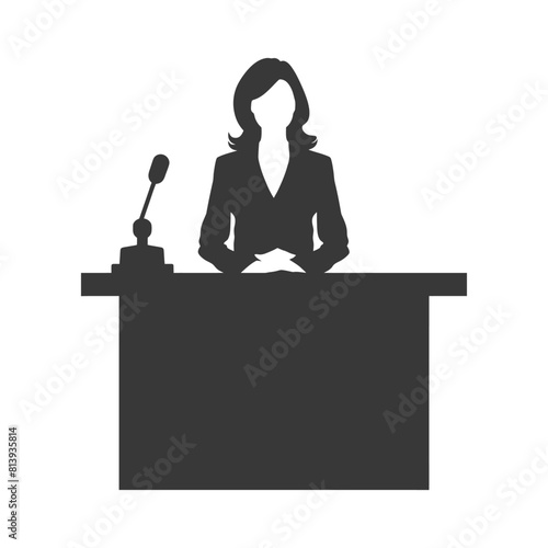 Silhouette news anchor women in action sit in front desk black color only