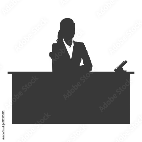 Silhouette news anchor women in action sit in front desk black color only