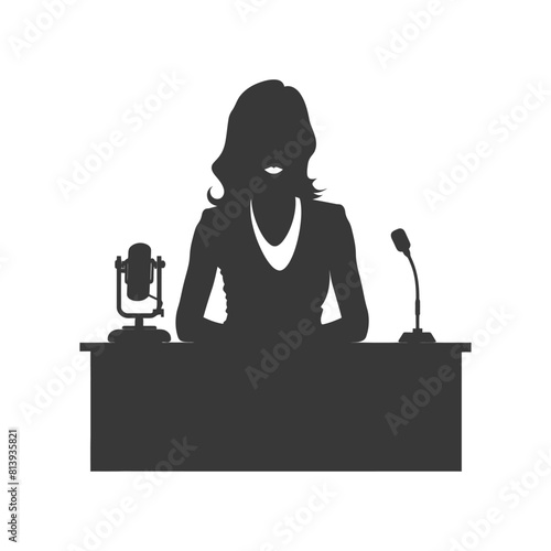 Silhouette news anchor women in action sit in front desk black color only