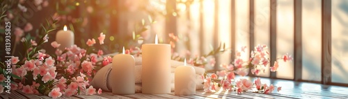 Romantic spa setting mockup for couples with candles and floral elements in a minimalist space