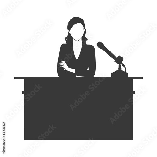 Silhouette news anchor women in action sit in front desk black color only